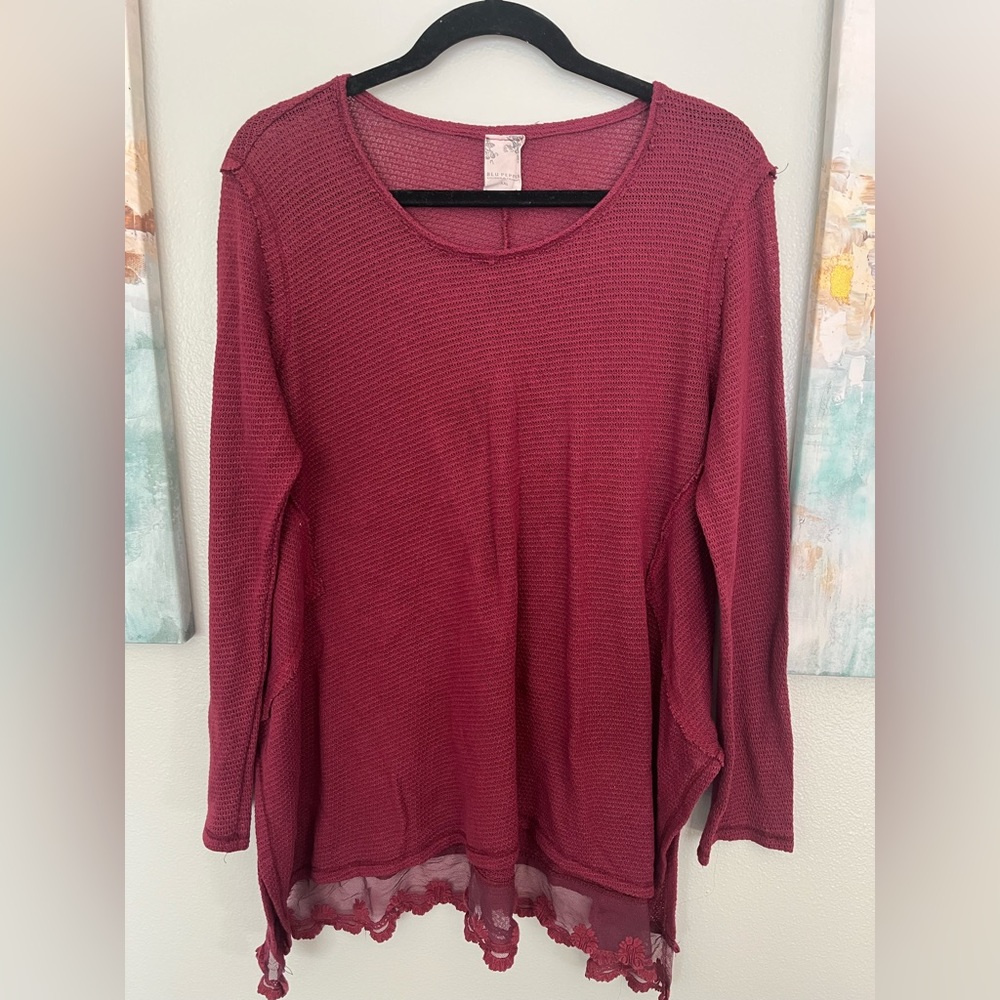 Waffle Knit Long Sleeve Top with Lace